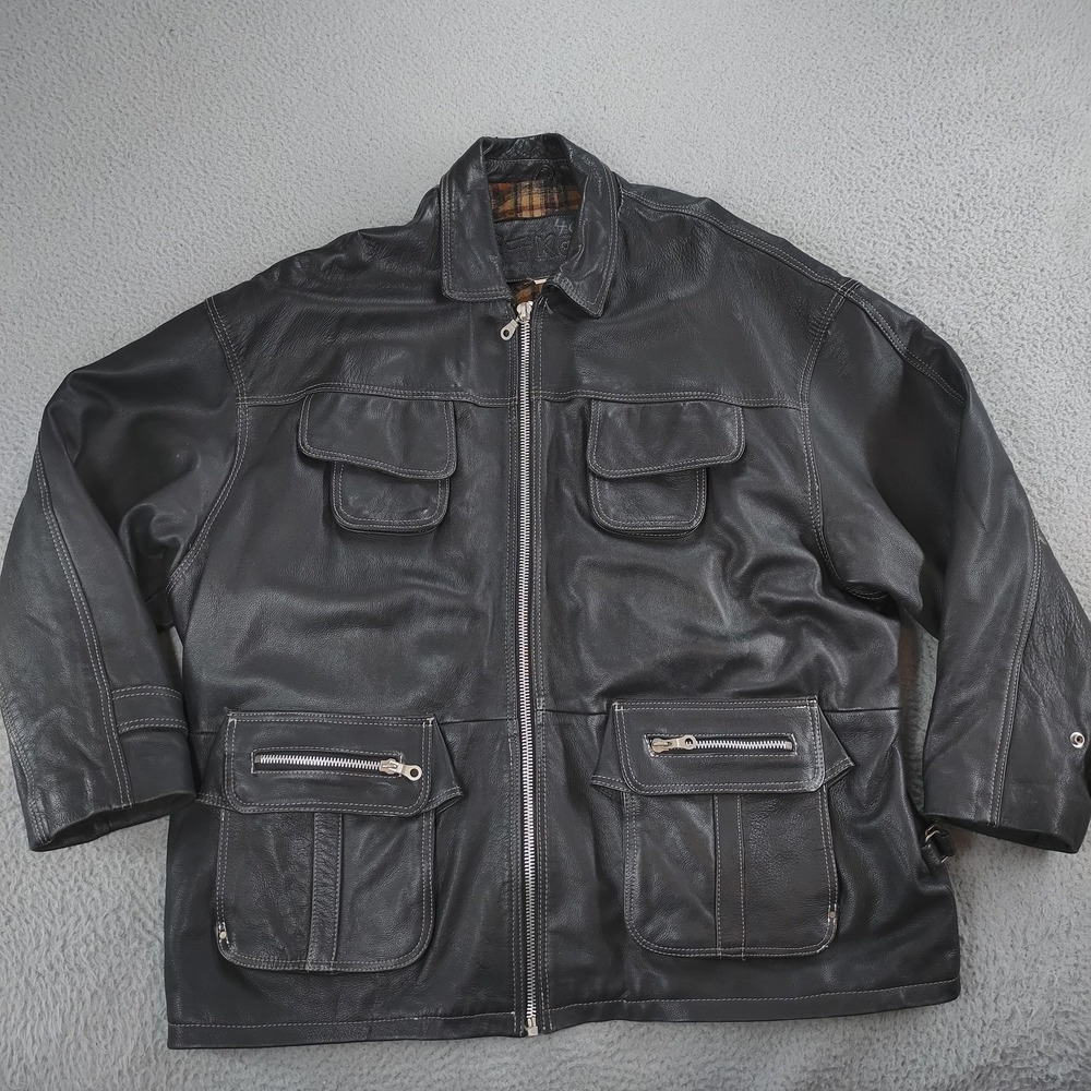 VINTAGE TKO Leather Jacket Men XXL Black Plaid Lined Utility Pocket Belted Biker